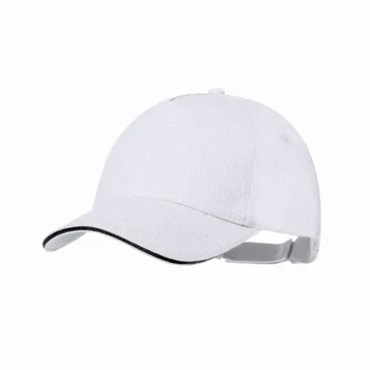 White baseball cap with a curved brim and adjustable strap, on a plain white background.