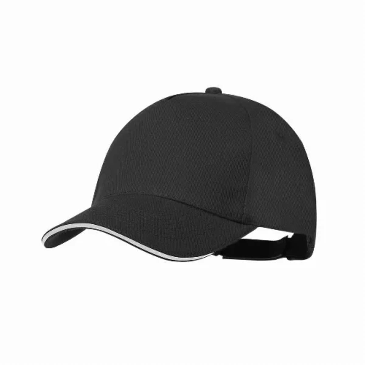 Black baseball cap with a curved brim and white trim on the edge.