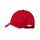 A red baseball cap with a curved brim and white trim on a plain white background.