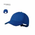 Blue baseball cap made from recycled cotton, shown from front and back angles.