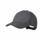 A plain, dark gray baseball cap with a curved brim and adjustable strap at the back.