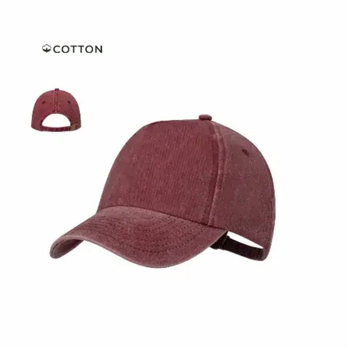 Maroon cotton baseball cap with curved brim, shown from front and back angles.