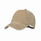 A plain beige baseball cap with a curved brim on a white background.