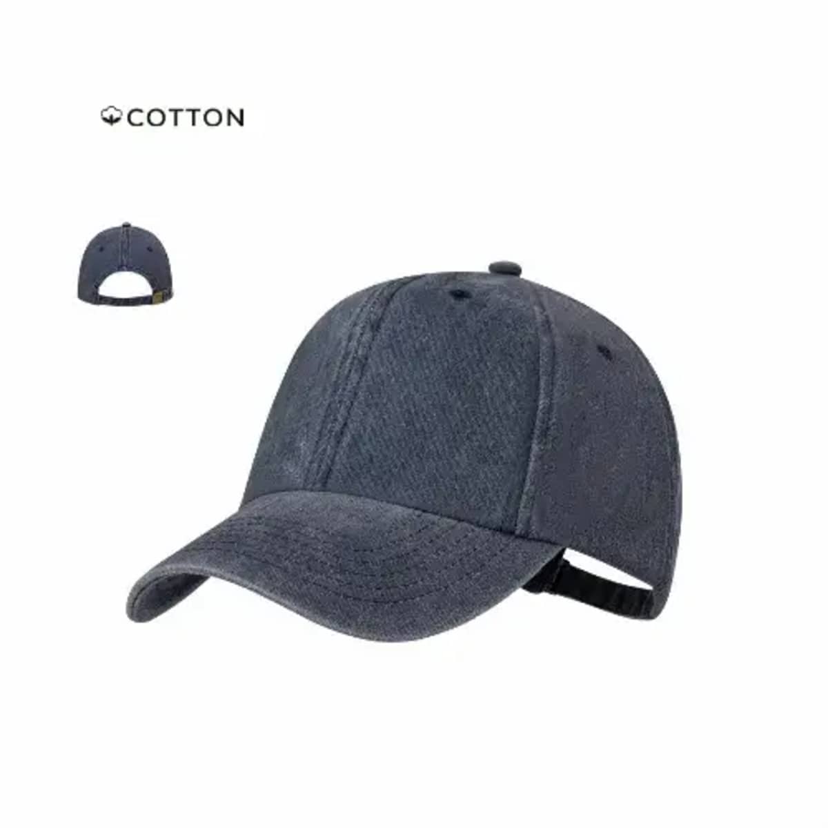 A dark gray cotton baseball cap with an adjustable strap, viewed from the front and back.
