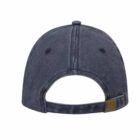 Back view of a dark blue baseball cap with an adjustable strap and metal clasp.
