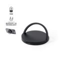 Black wireless charger with a curved handle, USB port, and MagSafe & Qi compatibility icons.
