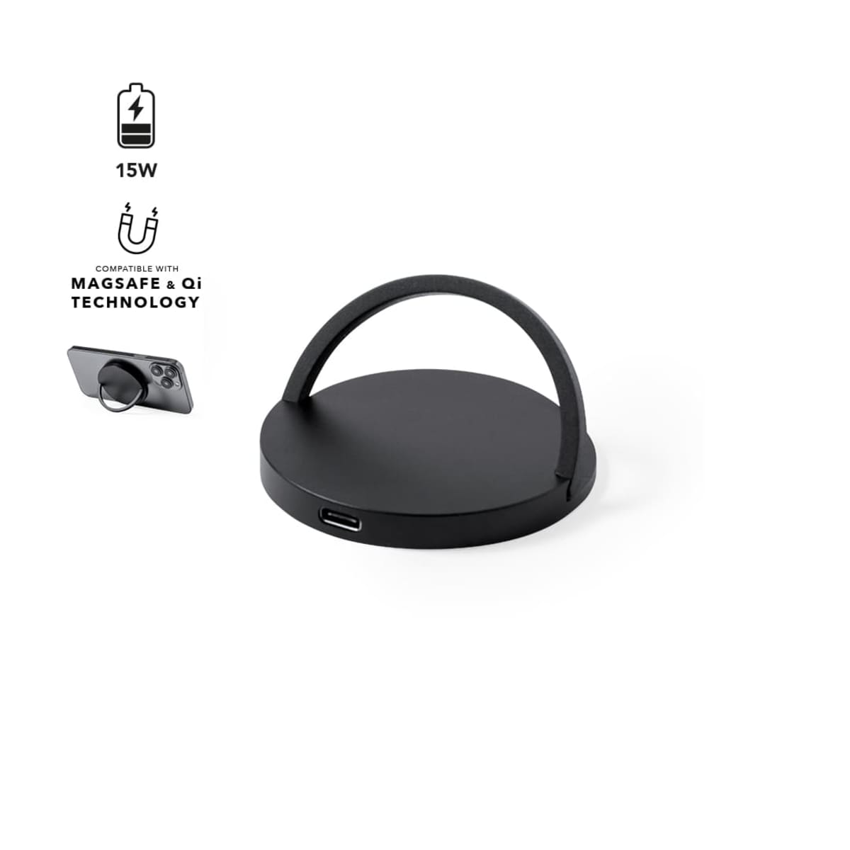 Black wireless charger with a curved handle, USB port, and MagSafe & Qi compatibility icons.