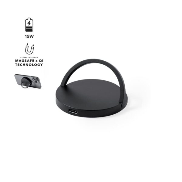 Black wireless charging stand with a handle, 15W, MagSafe and Qi compatible, USB port visible.