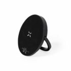 Black circular wireless phone charger with a stand, shown on a white background.