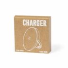 Brown box labeled CHARGER with a simple white outline of a round wireless charger.