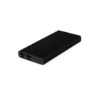 A black rectangular portable power bank with USB ports and LED indicators.