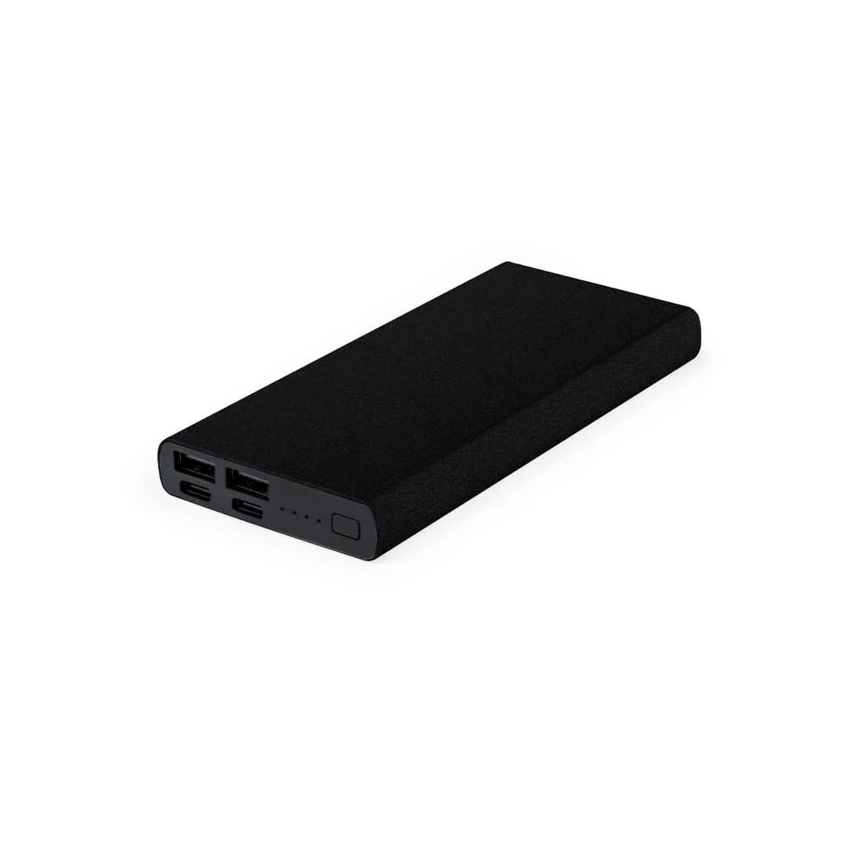 A black rectangular portable power bank with USB ports and LED indicators.