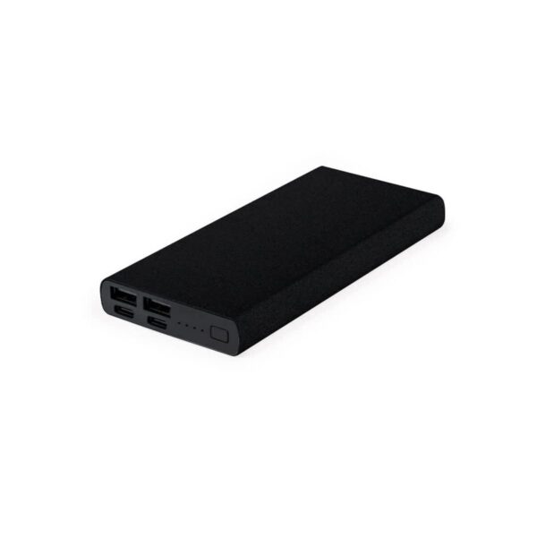 A black rectangular portable power bank with multiple USB ports on one end.