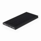 Black rectangular portable solar power bank with USB ports on a white background.
