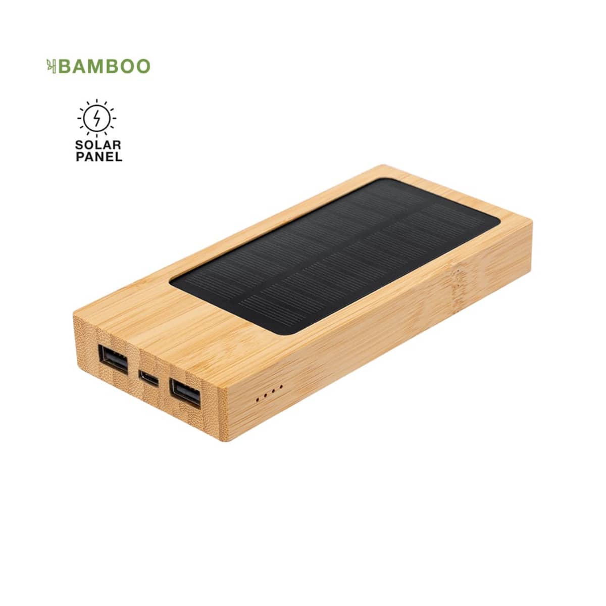Rectangular bamboo solar power bank with two USB ports and solar panel on top.