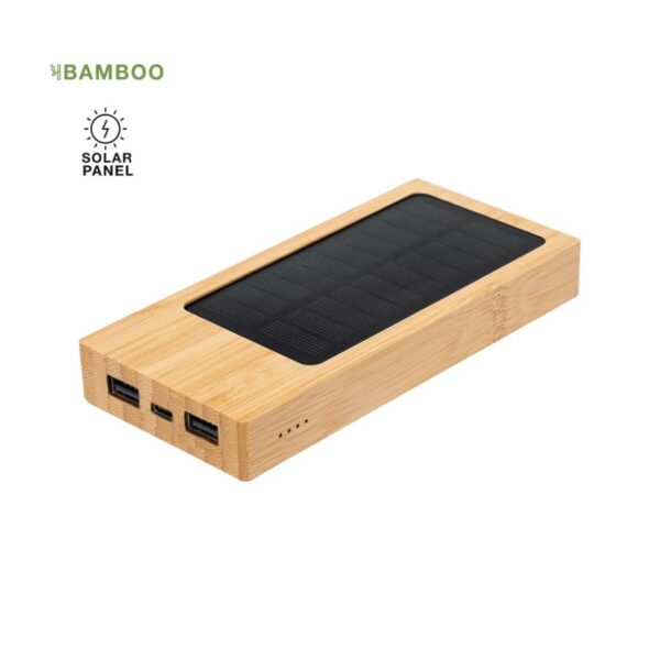 Rectangular bamboo solar power bank with dual USB ports and solar panel on top.