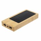 Wooden solar power bank with two USB ports and a solar panel on top.