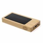 Rectangular wooden power bank with a black solar panel and two USB ports.