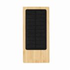 Rectangular bamboo solar power bank with black solar panel on top, shown on white background.
