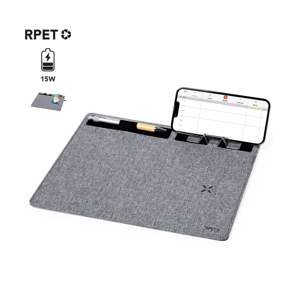 Gray desk organizer mat with phone holder, pen slot, sticky notes, and wireless charging symbol.