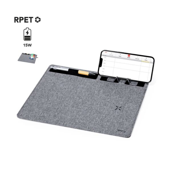 Gray desk mat with slots for pens, sticky notes, and a phone displaying a calendar.