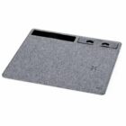 Gray rectangular desk mat with pen holder slots and small compartments on one side.