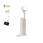 White portable LED light with wheat straw material and phone stand, shown in open and closed views.
