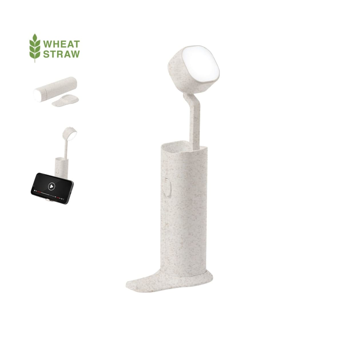 White portable LED light with wheat straw material and phone stand, shown in open and closed views.