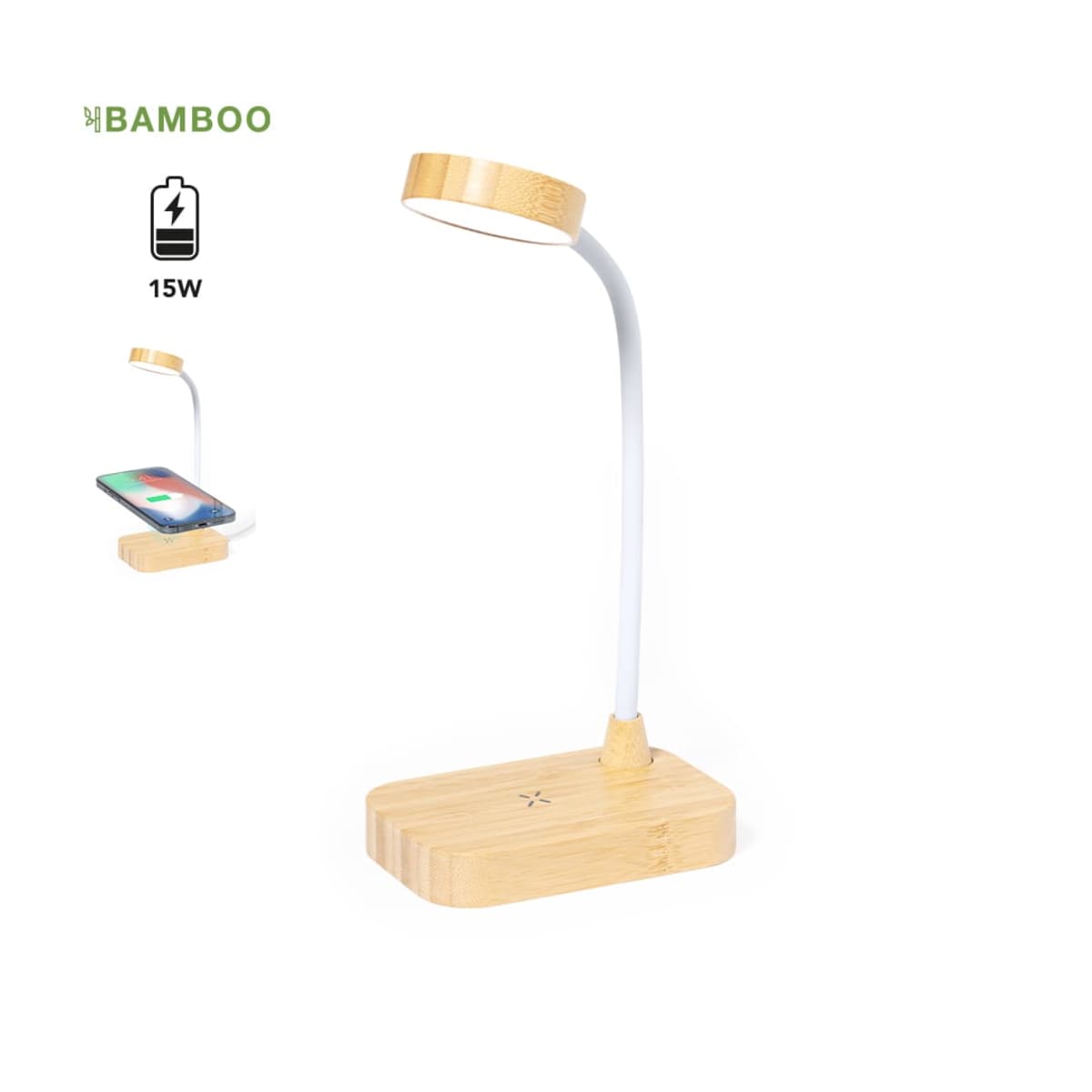 Bamboo desk lamp with wireless phone charger on wooden base, 15W power.