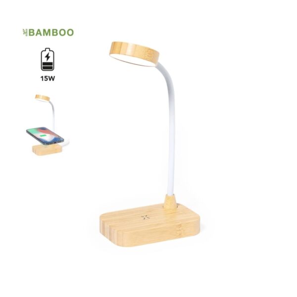 Bamboo desk lamp with flexible neck and wireless phone charging base, 15W power.