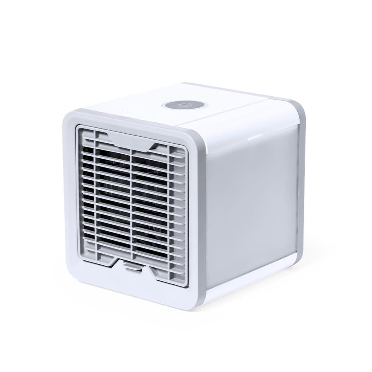 Small white portable air cooler with front vent, shown on a plain white background.
