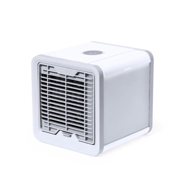Small white portable air cooler with a front vent, shown on a white background.