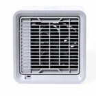 A small white square portable fan with front grill, viewed from the front.