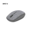 Grey fabric-textured wireless mouse on a white background with an RPET recycling logo.