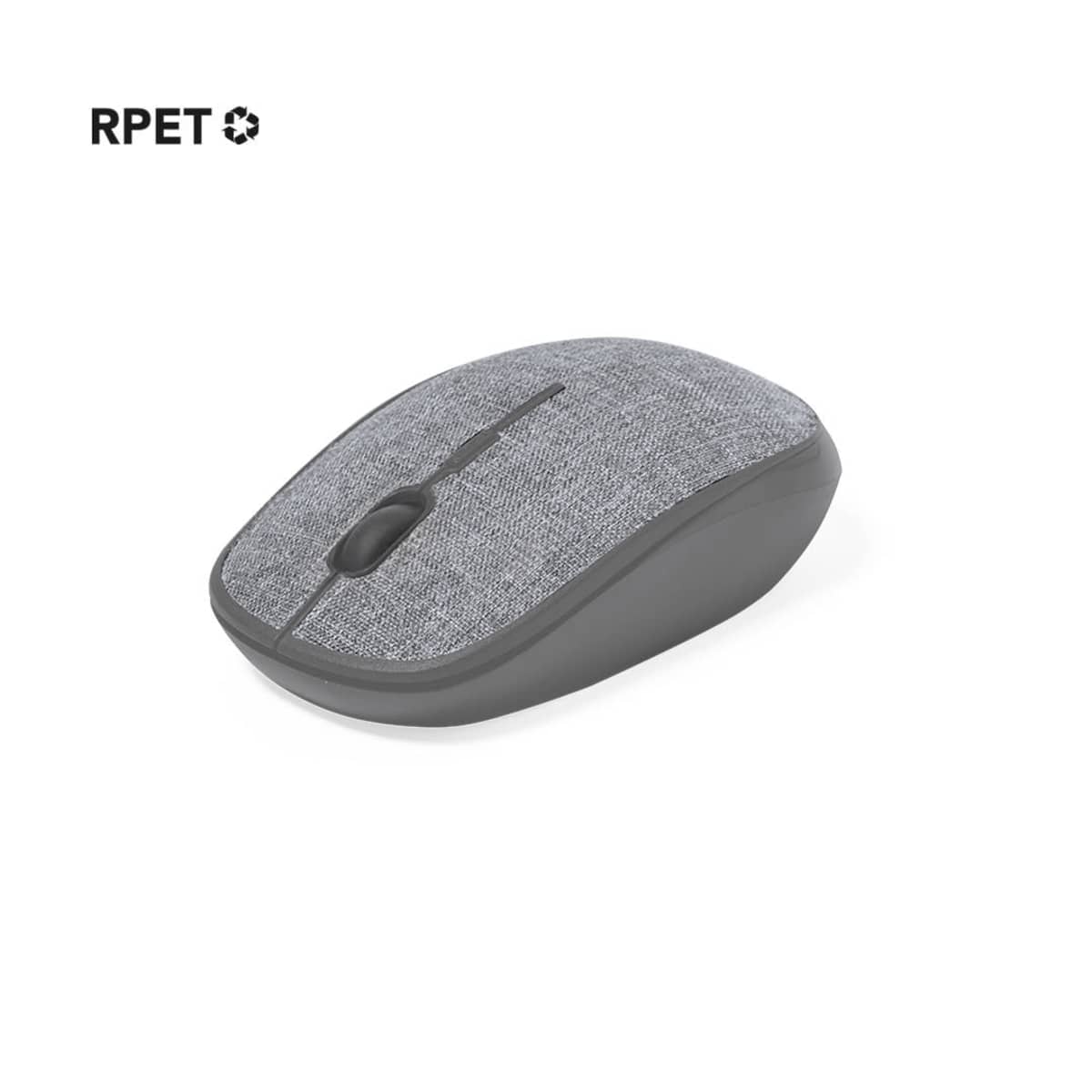 Grey fabric-textured wireless mouse on a white background with an RPET recycling logo.