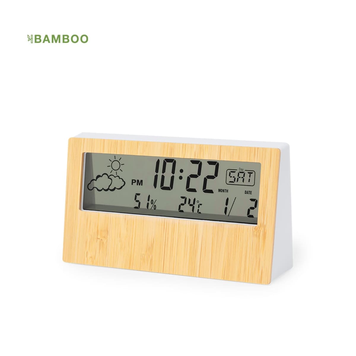 Digital bamboo clock displaying time, date, temperature, humidity, and weather icons.