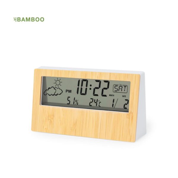 Digital bamboo clock displaying time, date, temperature, humidity, and weather icons.