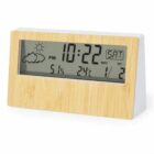 Digital clock with bamboo front, displaying time, date, temperature, humidity, and weather icon.