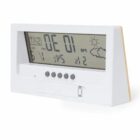White digital clock displaying time, date, temperature, humidity, and weather icons.