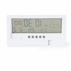 Digital thermostat display with buttons, showing temperature, date, and weather icons.