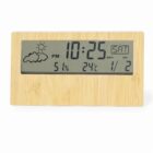 Digital bamboo clock displaying time, weather, humidity, temperature, and date.