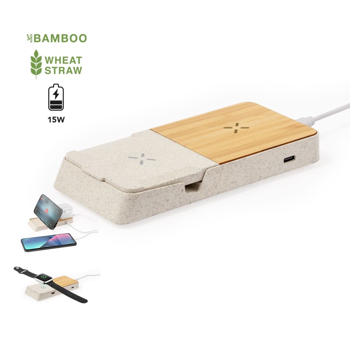 Wireless charger with bamboo and wheat straw design, charging phone and smartwatch.