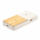 Rectangular wireless charger with wood and white textured surface, USB-C port visible.