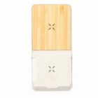 Rectangular wireless charger with wooden and white textured charging pads, marked with X symbols.
