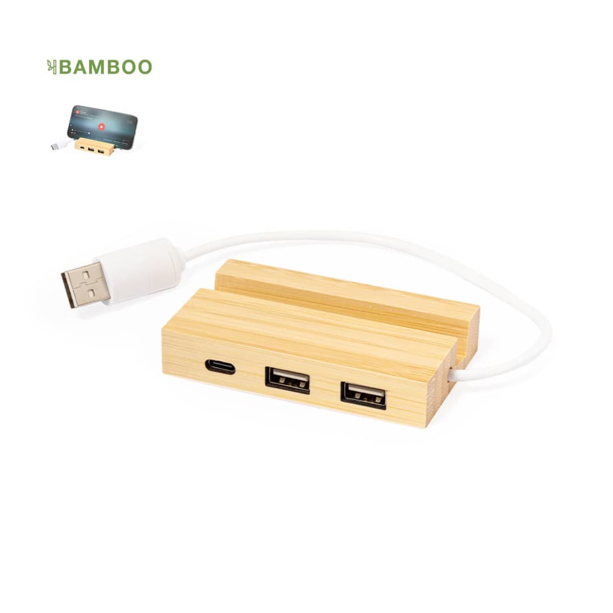 Bamboo USB hub with two USB ports, one USB-C port, and a connected cable.
