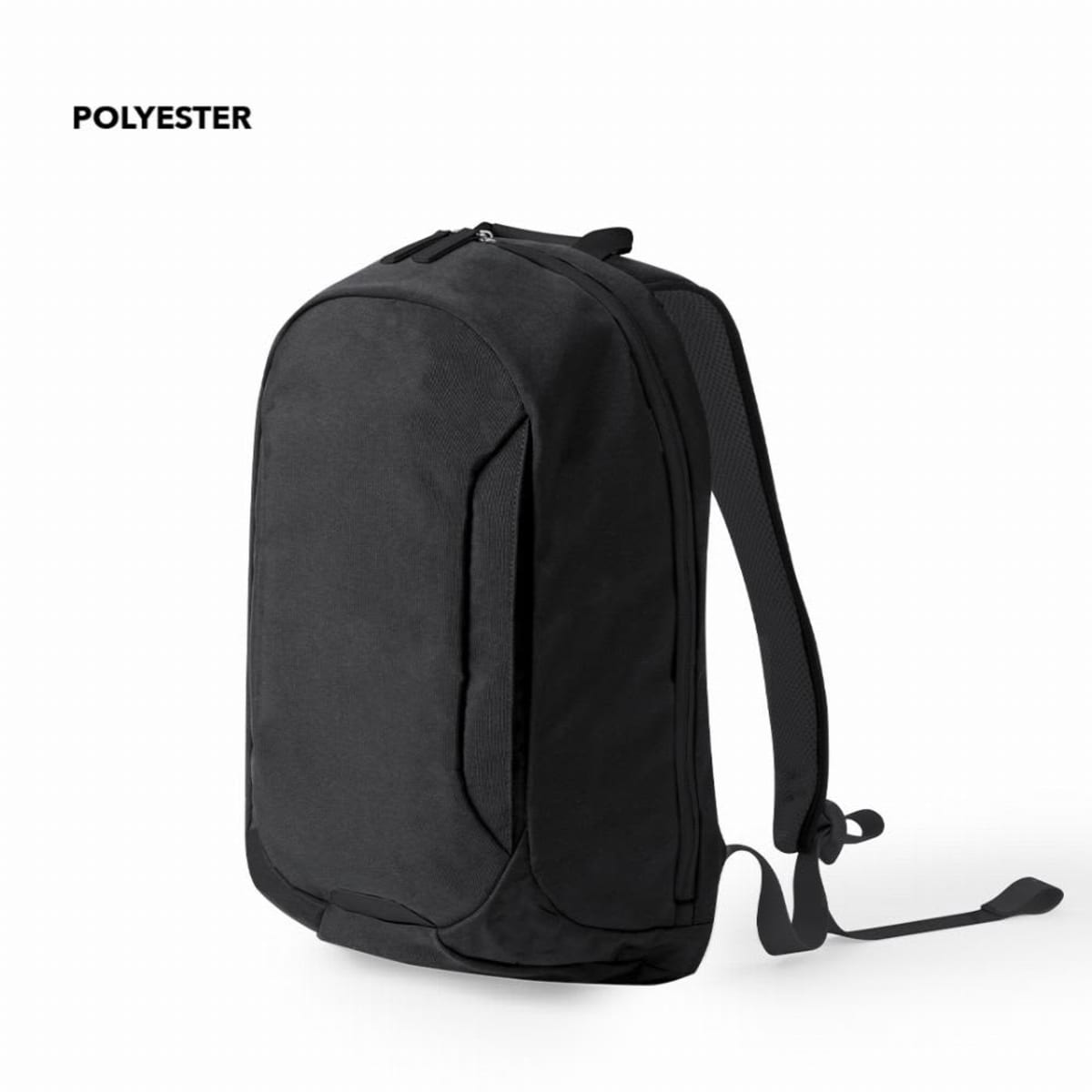 Black polyester backpack with padded straps, photographed against a plain white background.