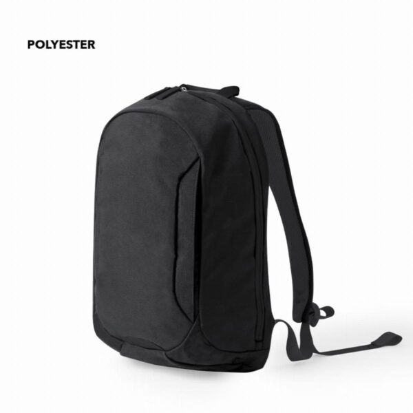 A black polyester backpack with padded straps on a white background.