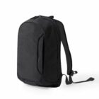 Black minimalist backpack with side pocket, shown against a plain white background.