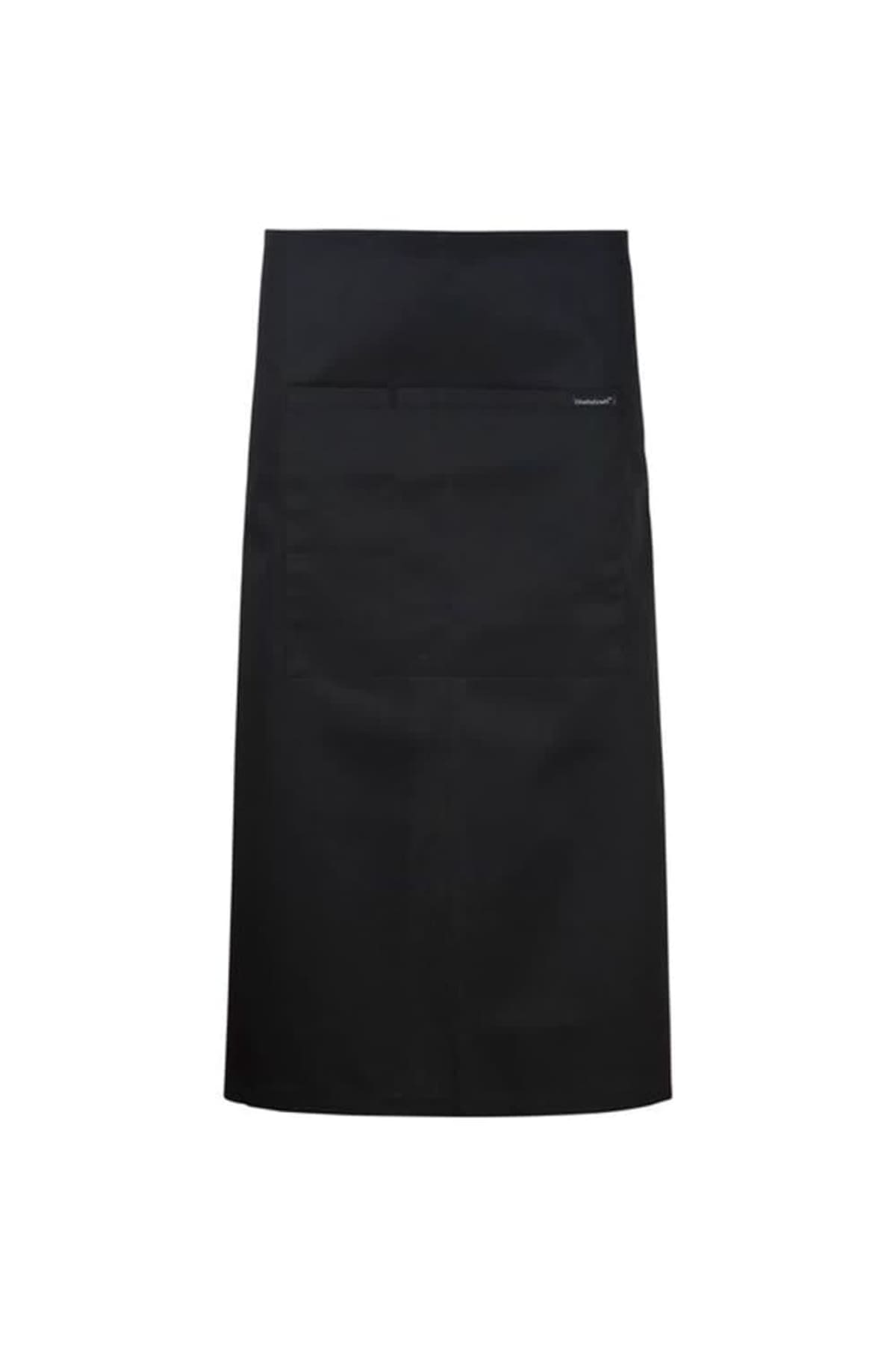 Black waist apron with a front pocket, displayed on a plain white background.