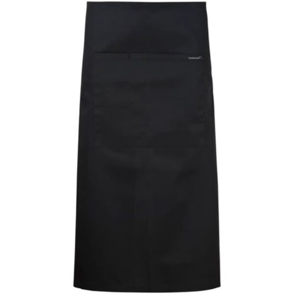Black waist apron with a front pocket, displayed against a white background.